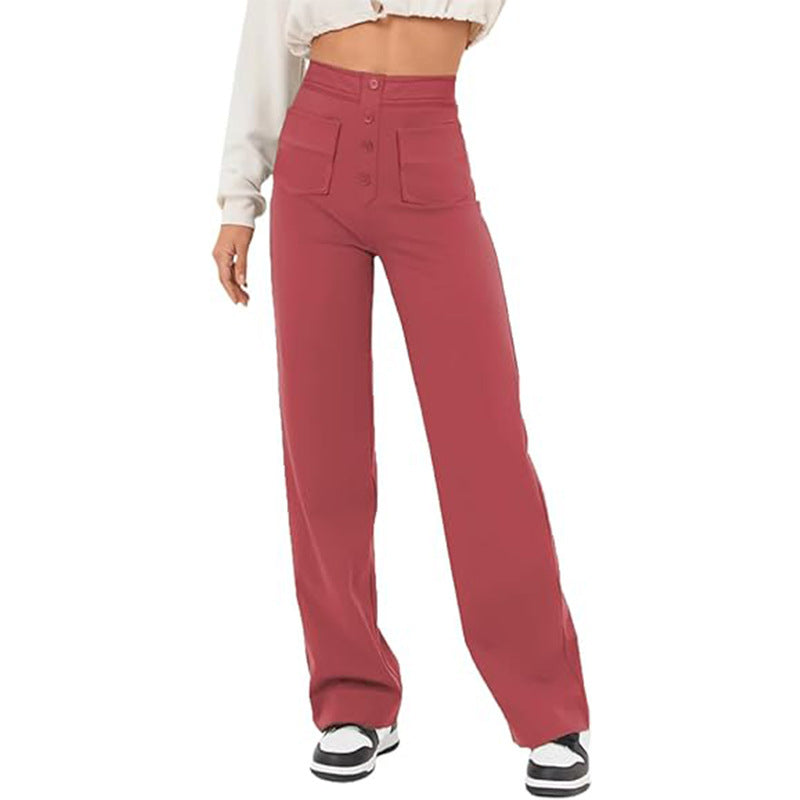 Pantalon taille haute avec poches décontracté ample jambe large