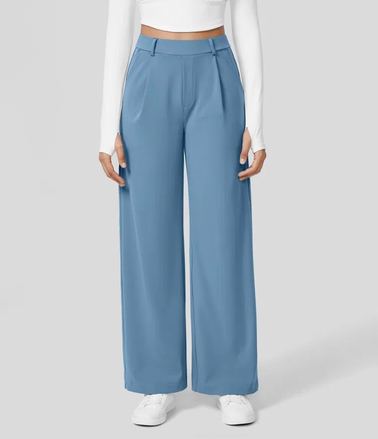 Pantalon droit croisé taille haute avec poche