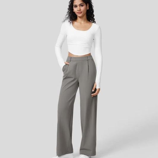 Pantalon droit croisé taille haute avec poche