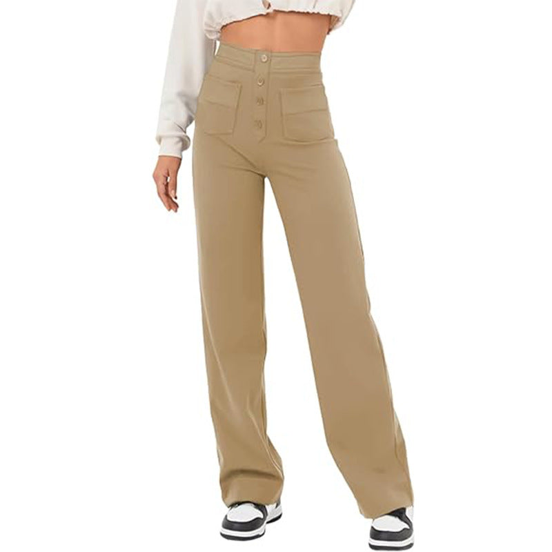 Pantalon taille haute avec poches décontracté ample jambe large