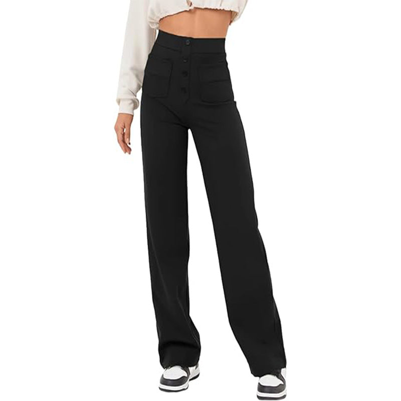 Pantalon taille haute avec poches décontracté ample jambe large