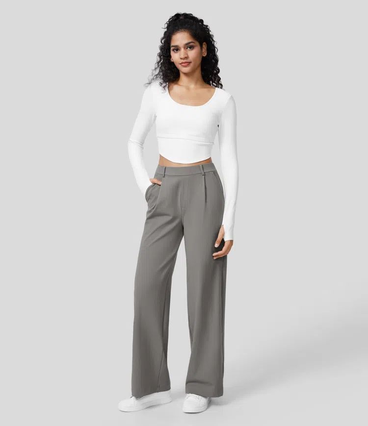 Pantalon droit croisé taille haute avec poche